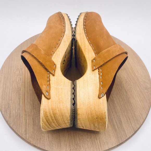 Swedish Wood Clogs Womens 8.5 39 Tan Brown Leather Slides Studded - Picture 9 of 12